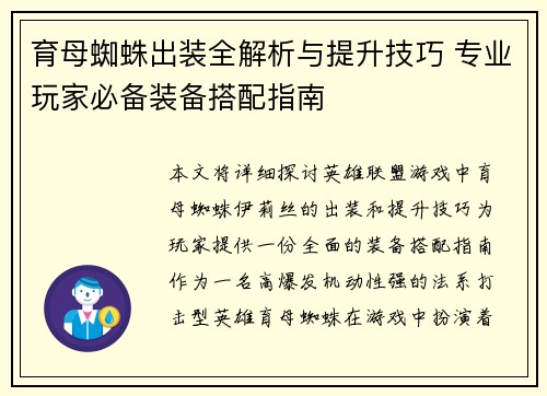 育母蜘蛛出装全解析与提升技巧 专业玩家必备装备搭配指南